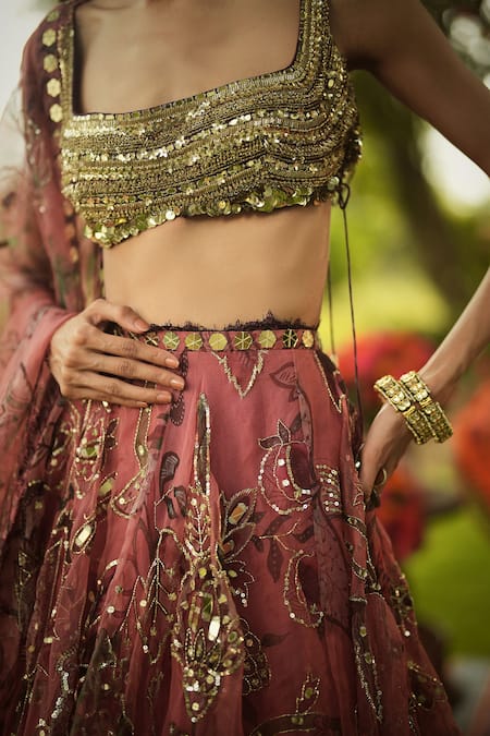 Shop_Mahima Mahajan_Pink Organza Sequins, Embroidery, Zari Square Neck Designer Lehenga Set  _Online_at_Aza_Fashions