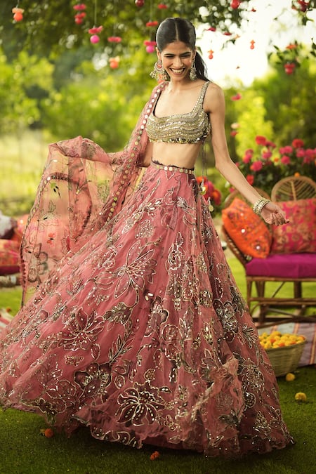 Buy_Mahima Mahajan_Pink Organza Sequins, Embroidery, Zari Square Neck Designer Lehenga Set  