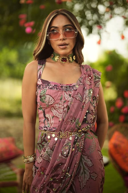 Buy_Mahima Mahajan_Pink Georgette, Organza, Lycra Sequins Square Neck Ruffle Pre-draped Saree Set _Online_at_Aza_Fashions