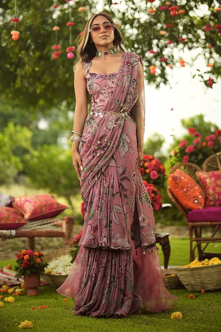 Shop_Mahima Mahajan_Pink Georgette, Organza, Lycra Sequins Square Neck Ruffle Pre-draped Saree Set _Online_at_Aza_Fashions
