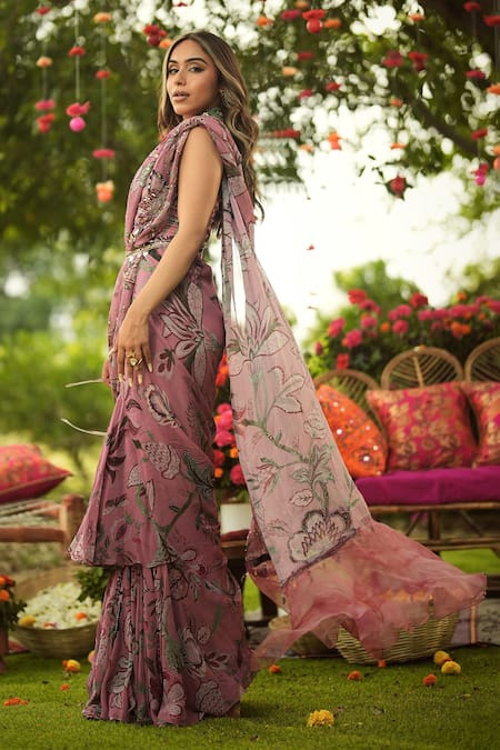 Mahima Mahajan_Pink Georgette, Organza, Lycra Sequins Square Neck Ruffle Pre-draped Saree Set _at_Aza_Fashions