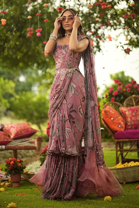 Buy_Mahima Mahajan_Pink Georgette, Organza, Lycra Sequins Square Neck Ruffle Pre-draped Saree Set 