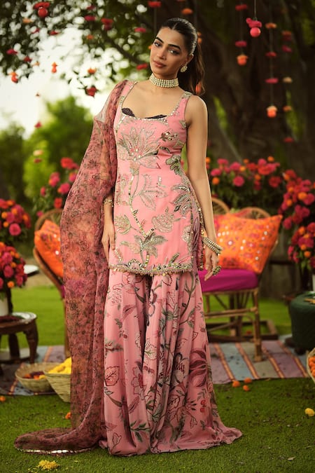 Shop Mahima Mahajan Pink Georgette, Organza Sequins, Embroidery Square Neck Floral Kurta Set Online at Aza Fashions Shop_Mahima Mahajan_Pink Georgette, Organza Sequins, Embroidery Square Neck Floral Kurta Set _Online_at_Aza_Fashions