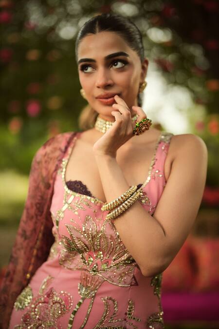 Buy Mahima Mahajan Pink Georgette, Organza Sequins, Embroidery Square Neck Floral Kurta Set Buy_Mahima Mahajan_Pink Georgette, Organza Sequins, Embroidery Square Neck Floral Kurta Set