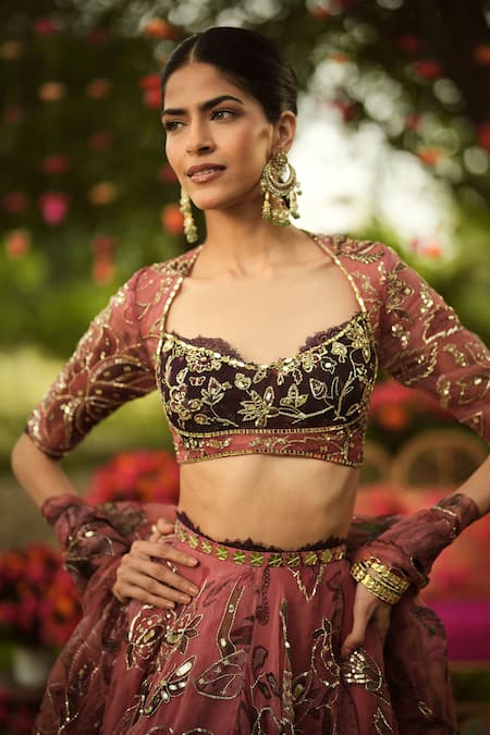 Mahima Mahajan Wine Organza Sequins, Zari Round Neck Embroidered Lehenga With Blouse Online at Aza Fashions Mahima Mahajan_Wine Organza Sequins, Zari Round Neck Embroidered Lehenga With Blouse _Online_at_Aza_Fashions