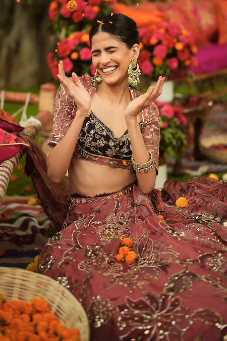 Shop Mahima Mahajan Wine Organza Sequins, Zari Round Neck Embroidered Lehenga With Blouse Online at Aza Fashions Shop_Mahima Mahajan_Wine Organza Sequins, Zari Round Neck Embroidered Lehenga With Blouse _Online_at_Aza_Fashions