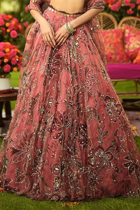 Mahima Mahajan Wine Organza Sequins, Zari Round Neck Embroidered Lehenga With Blouse at Aza Fashions Mahima Mahajan_Wine Organza Sequins, Zari Round Neck Embroidered Lehenga With Blouse _at_Aza_Fashions