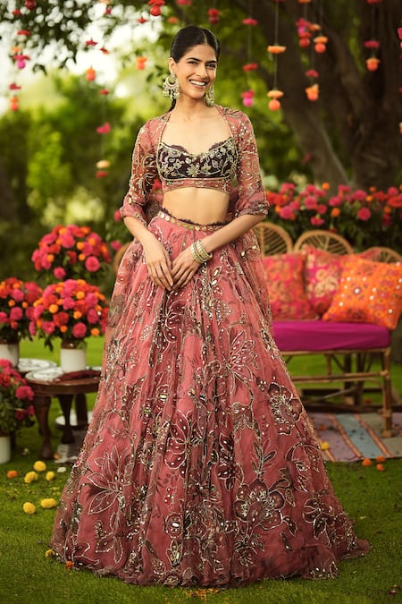 Buy Mahima Mahajan Wine Organza Sequins, Zari Round Neck Embroidered Lehenga With Blouse Buy_Mahima Mahajan_Wine Organza Sequins, Zari Round Neck Embroidered Lehenga With Blouse