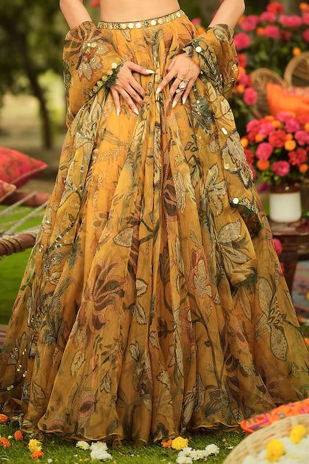 Shop_Mahima Mahajan_Gold Organza Sequins, Embroidery Round Neck Floral Lehenga Set _Online_at_Aza_Fashions