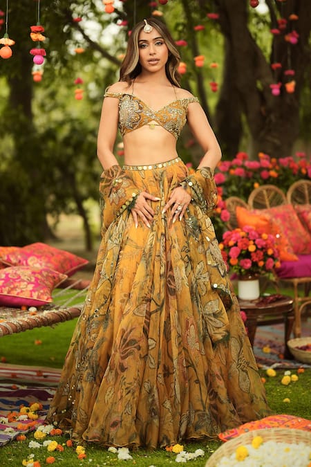 Mahima Mahajan_Gold Organza Sequins, Embroidery Round Neck Floral Lehenga Set _at_Aza_Fashions