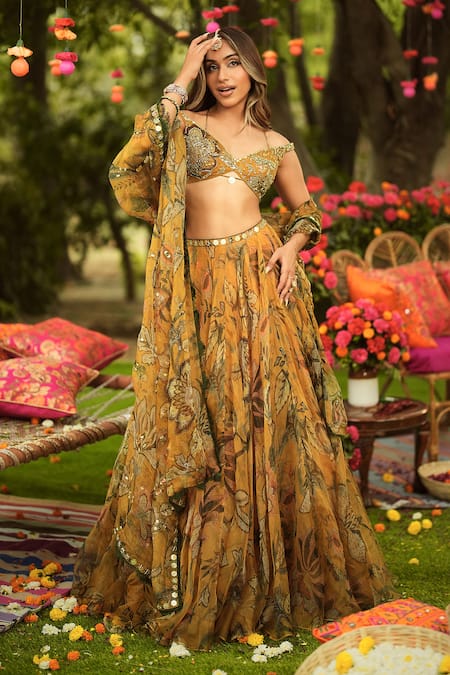 Buy_Mahima Mahajan_Gold Organza Sequins, Embroidery Round Neck Floral Lehenga Set 