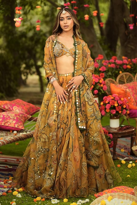 Shop_Mahima Mahajan_Gold Organza Sequins, Embroidery Round Neck Floral Lehenga Set 