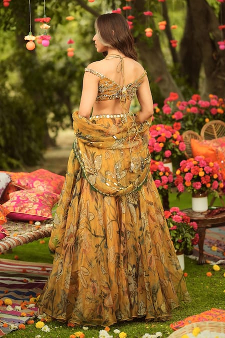 Mahima Mahajan Old Gold Floral Organza Lehenga Set 
