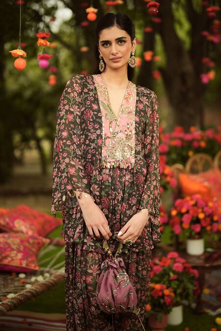 Mahima Mahajan Pink Georgette Sequins, Embroidery V-neck Floral Print Kurta And Salwar Set Online at Aza Fashions Mahima Mahajan_Pink Georgette Sequins, Embroidery V-neck Floral Print Kurta And Salwar Set _Online_at_Aza_Fashions