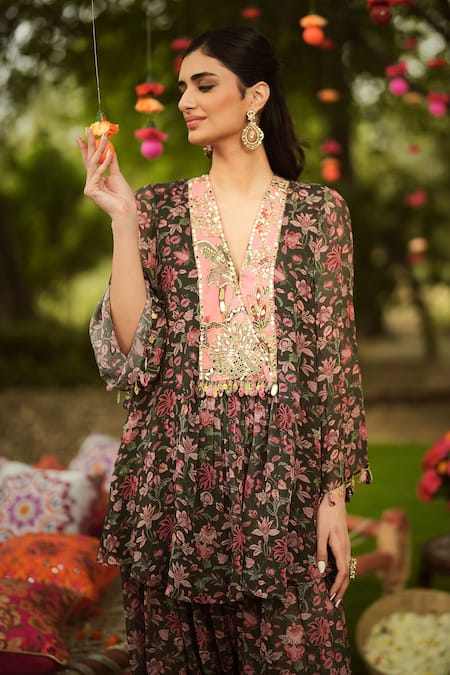 Buy Mahima Mahajan Pink Georgette Sequins, Embroidery V-neck Floral Print Kurta And Salwar Set Online at Aza Fashions Buy_Mahima Mahajan_Pink Georgette Sequins, Embroidery V-neck Floral Print Kurta And Salwar Set _Online_at_Aza_Fashions