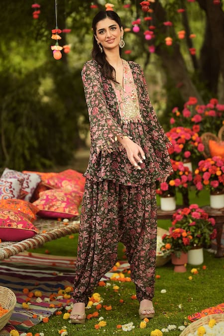 Shop Mahima Mahajan Pink Georgette Sequins, Embroidery V-neck Floral Print Kurta And Salwar Set Online at Aza Fashions Shop_Mahima Mahajan_Pink Georgette Sequins, Embroidery V-neck Floral Print Kurta And Salwar Set _Online_at_Aza_Fashions