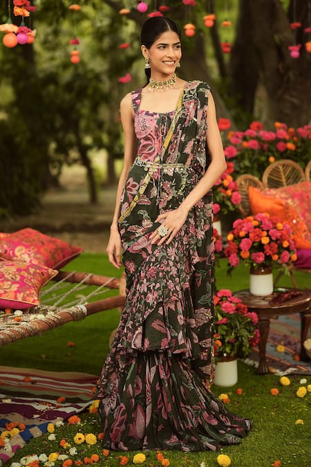 Mahima Mahajan_Green Georgette, Twill, Lycra Embroidery, Pine Designer Pre-draped Saree Set _Online_at_Aza_Fashions