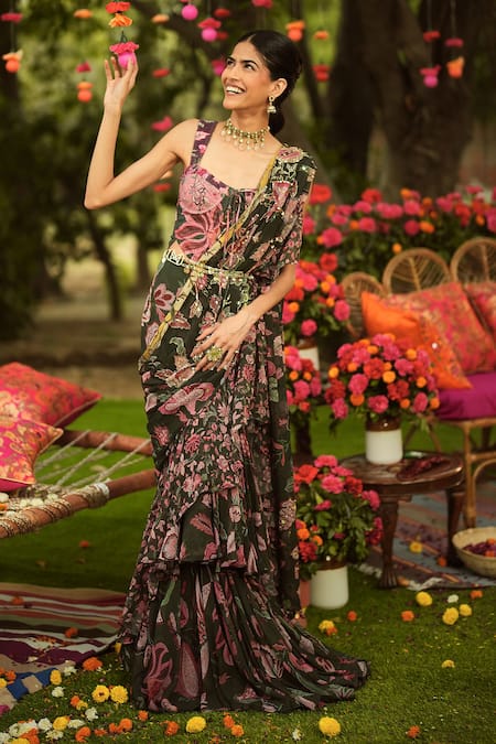 Buy_Mahima Mahajan_Green Georgette, Twill, Lycra Embroidery, Pine Designer Pre-draped Saree Set _Online_at_Aza_Fashions