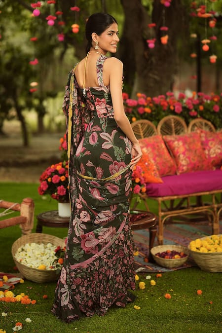 Mahima Mahajan Pine Green Designer Pre-Draped Saree Set 