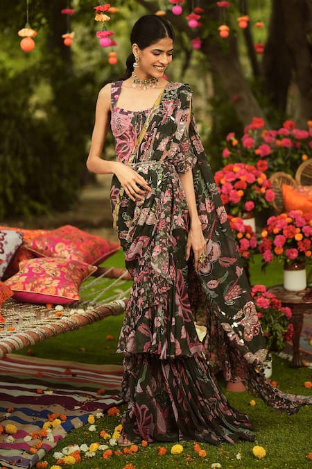 Mahima Mahajan_Green Georgette, Twill, Lycra Embroidery, Pine Designer Pre-draped Saree Set _at_Aza_Fashions