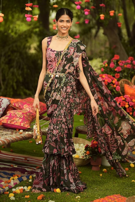Mahima Mahajan Pine Green Designer Pre-Draped Saree Set 