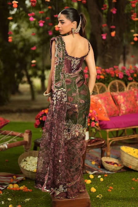 Mahima Mahajan Pine Green Designer Pre-Draped Saree & Corset Set 