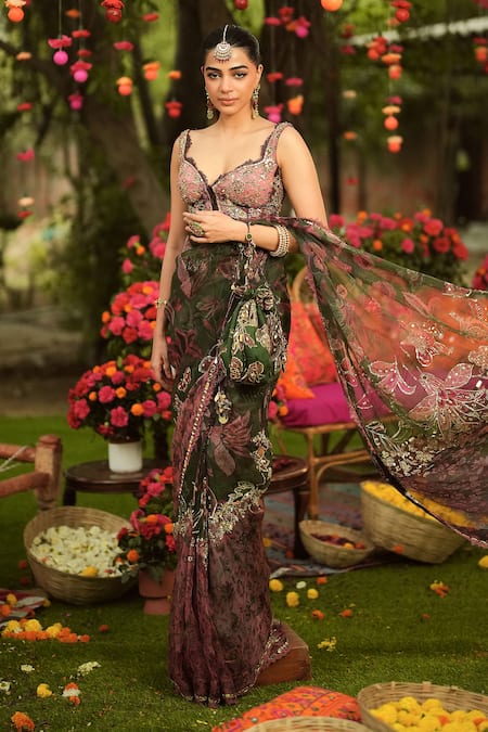Shop_Mahima Mahajan_Green Organza Sequins, Beads Pine Designer Pre-draped Saree And Corset Set _Online_at_Aza_Fashions