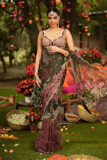 Mahima Mahajan_Green Organza Sequins, Beads Pine Designer Pre-draped Saree And Corset Set _at_Aza_Fashions