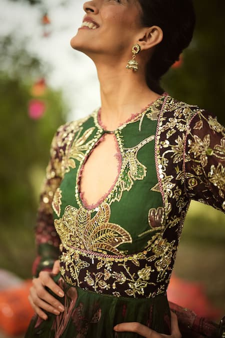 Mahima Mahajan_Pink Georgette, Organza Embroidery Keyhole Neck Floral Green Anarkali Set _Online_at_Aza_Fashions