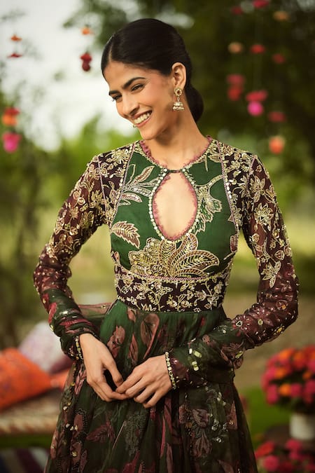 Buy_Mahima Mahajan_Pink Georgette, Organza Embroidery Keyhole Neck Floral Green Anarkali Set _Online_at_Aza_Fashions