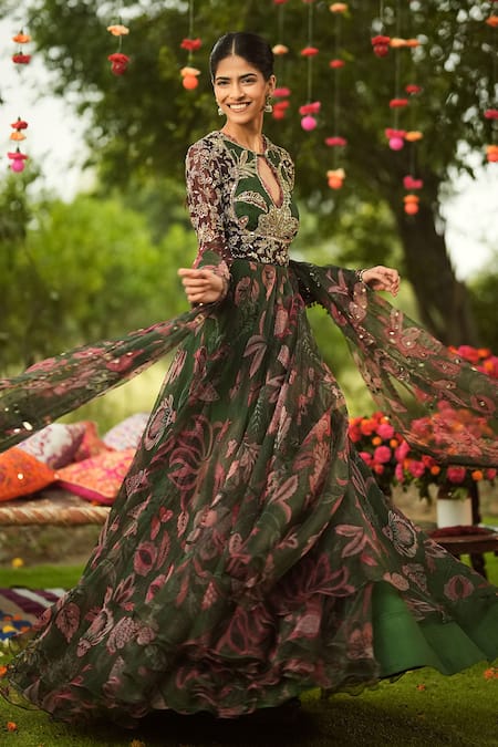 Shop_Mahima Mahajan_Pink Georgette, Organza Embroidery Keyhole Neck Floral Green Anarkali Set _Online_at_Aza_Fashions