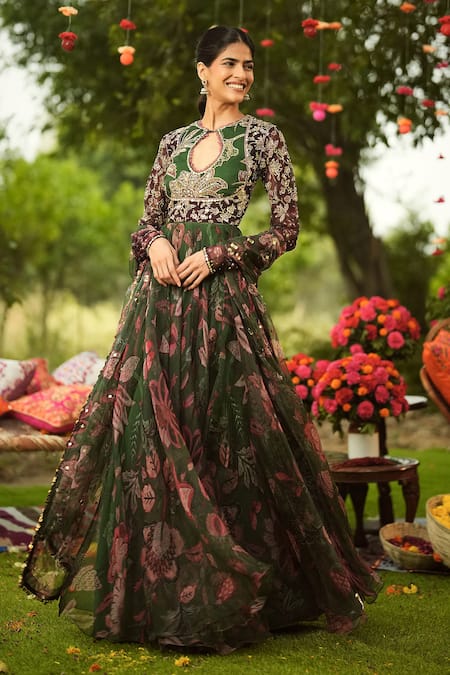 Mahima Mahajan Floral Embroidered Pine Green Anarkali Set 