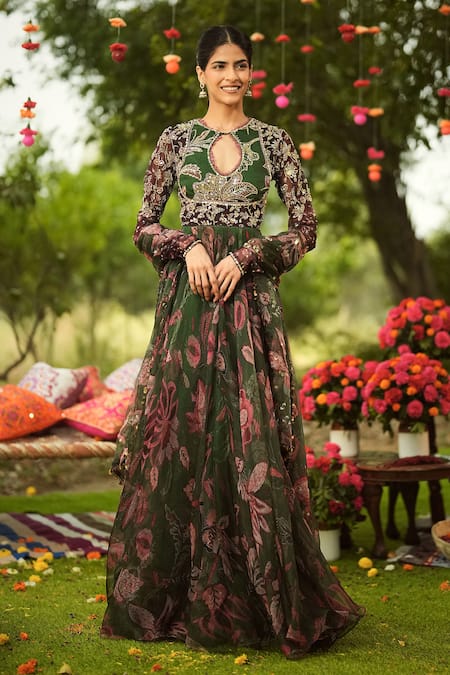 Mahima Mahajan Floral Embroidered Pine Green Anarkali Set 