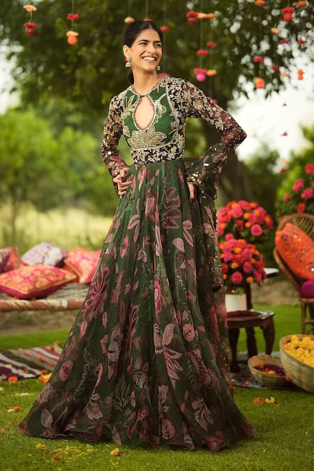 Mahima Mahajan_Pink Georgette, Organza Embroidery Keyhole Neck Floral Green Anarkali Set _at_Aza_Fashions
