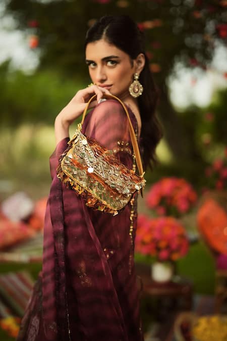 Mahima Mahajan_Burgundy Organza Embroidery, Sequins Designer Corset Kurta And Dupatta Set _Online_at_Aza_Fashions