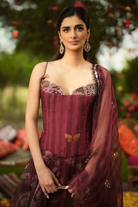Buy_Mahima Mahajan_Burgundy Organza Embroidery, Sequins Designer Corset Kurta And Dupatta Set _Online_at_Aza_Fashions