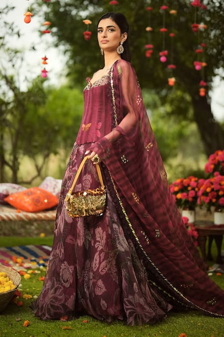 Mahima Mahajan_Burgundy Organza Embroidery, Sequins Designer Corset Kurta And Dupatta Set _at_Aza_Fashions