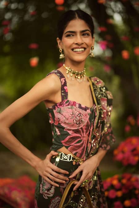 Mahima Mahajan_Green Twill, Lycra Square Neck Pine Designer Corset Top _Online_at_Aza_Fashions