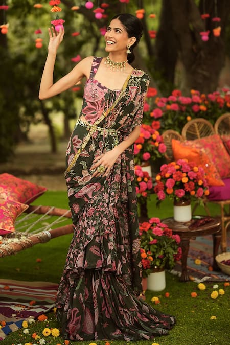 Buy_Mahima Mahajan_Green Twill, Lycra Square Neck Pine Designer Corset Top _Online_at_Aza_Fashions