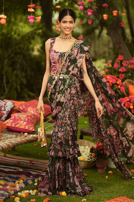 Buy_Mahima Mahajan_Green Twill, Lycra Square Neck Pine Designer Corset Top 