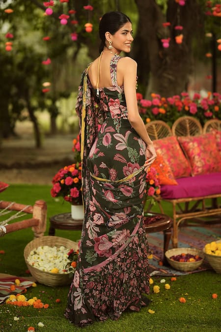 Shop_Mahima Mahajan_Green Twill, Lycra Square Neck Pine Designer Corset Top _at_Aza_Fashions