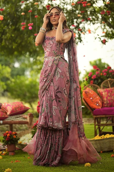 Buy_Mahima Mahajan_Pink Lycra Sequins Square Neck Designer Warm Bubblegum Corset Top _Online_at_Aza_Fashions