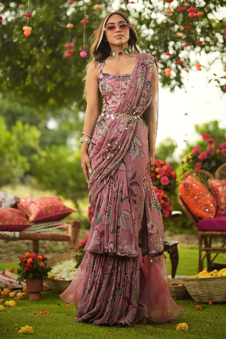 Shop_Mahima Mahajan_Pink Lycra Sequins Square Neck Designer Warm Bubblegum Corset Top _Online_at_Aza_Fashions