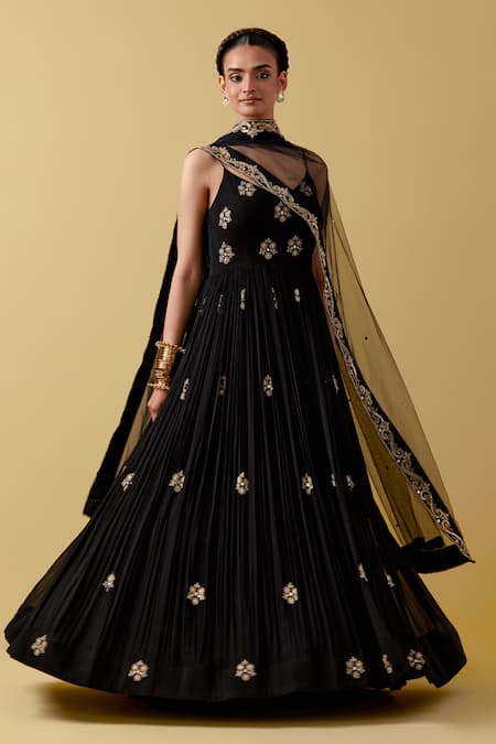 Ikshita Choudhary Black Georgette, Net Embroidery V-neck Hand Anarkali Set 