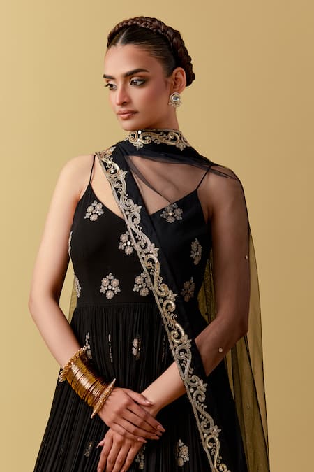 Shop Ikshita Choudhary Black Georgette, Net Embroidery V-neck Hand Anarkali Set Online at Aza Fashions Shop_Ikshita Choudhary_Black Georgette, Net Embroidery V-neck Hand Anarkali Set _Online_at_Aza_Fashions