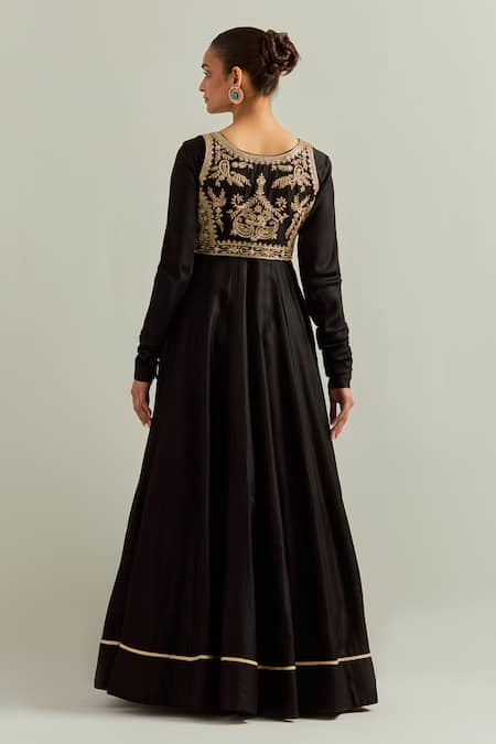 Shop_Ikshita Choudhary_Black Chanderi, Organza Embroidery Square Neck Hand Anarkali Set _at_Aza_Fashions