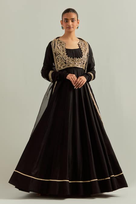 Ikshita Choudhary Black Chanderi, Organza Embroidery Square Neck Hand Anarkali Set 