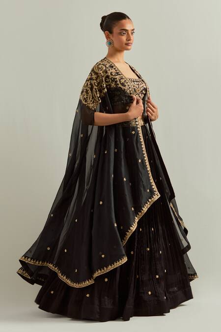 Ikshita Choudhary_Black Chanderi, Chiffon Embroidery, Stones Round Neck Hand Lehenga Set _Online_at_Aza_Fashions
