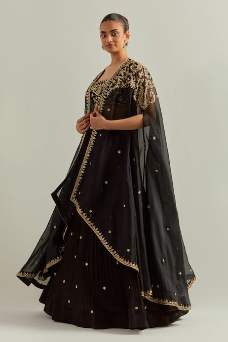 Buy_Ikshita Choudhary_Black Chanderi, Chiffon Embroidery, Stones Round Neck Hand Lehenga Set _Online_at_Aza_Fashions