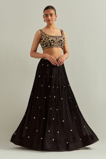 Shop_Ikshita Choudhary_Black Chanderi, Chiffon Embroidery, Stones Round Neck Hand Lehenga Set _Online_at_Aza_Fashions